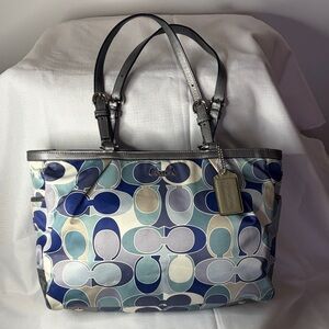 Vintage Coach Satin/Leather Blue Signature C Large Satchel/Tote EUC